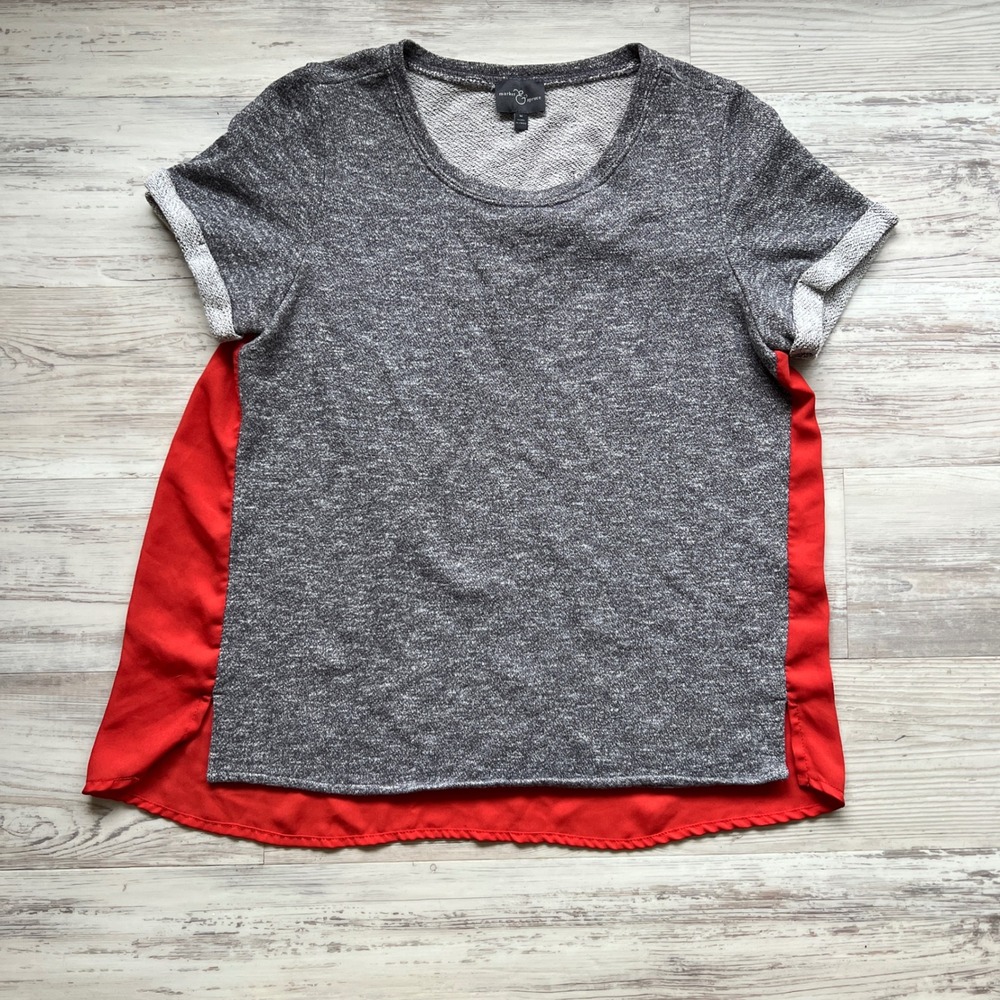 Market & Spruce Womens‎ Grey Marled Knit Red Mixed Media Chiffon Back Top Medium